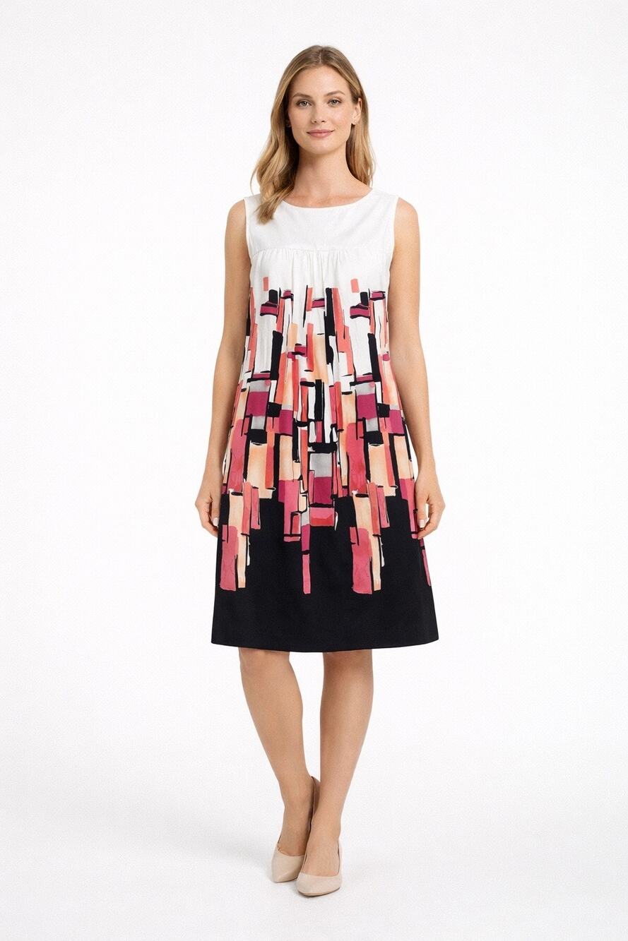 Apostrophe Dress Womens Medium Pink Black Print Sleeveless Boat Neck NWT